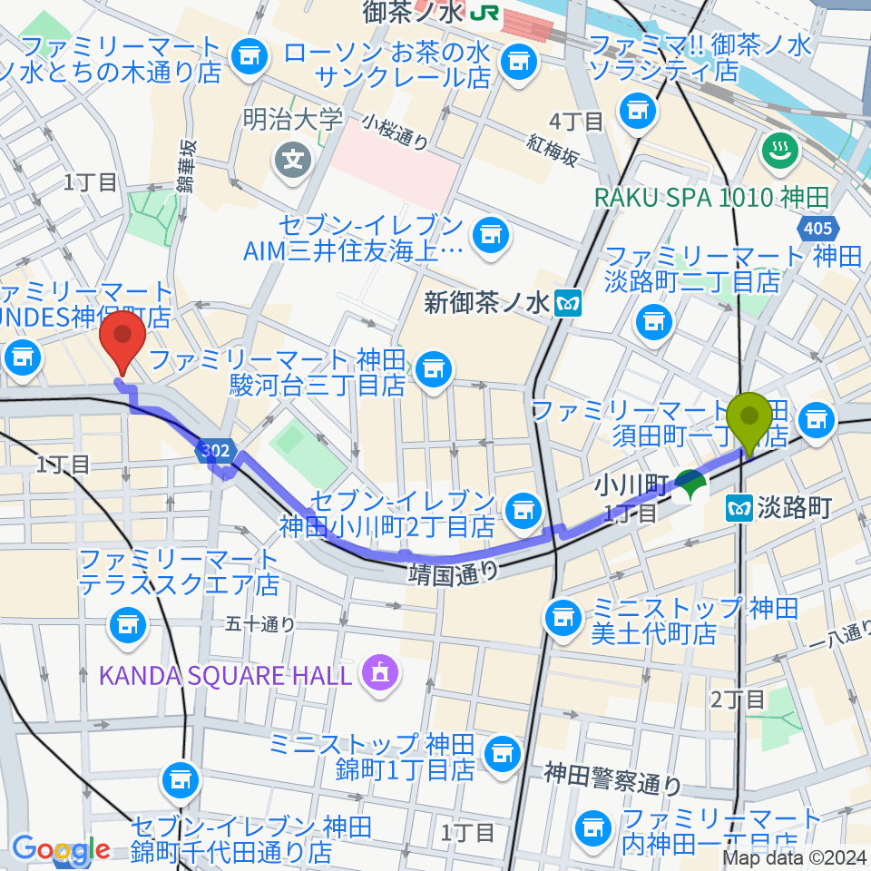 淡路町駅からRinky Dink Studio お茶の水 神保町店へのルートマップ地図