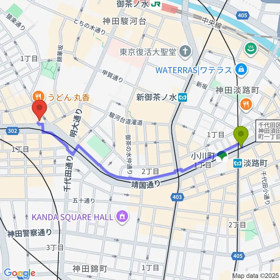 淡路町駅からRinky Dink Studio お茶の水 神保町店へのルートマップ地図