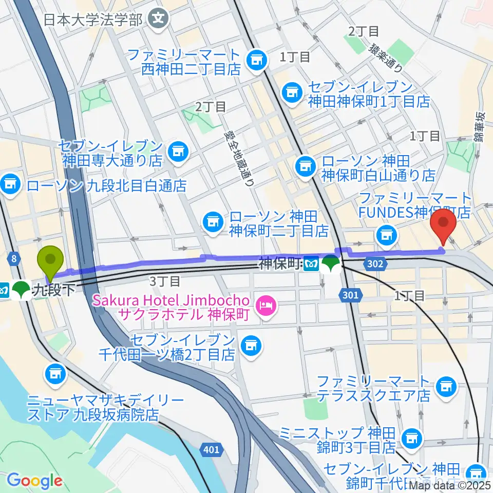 九段下駅からRinky Dink Studio お茶の水 神保町店へのルートマップ地図