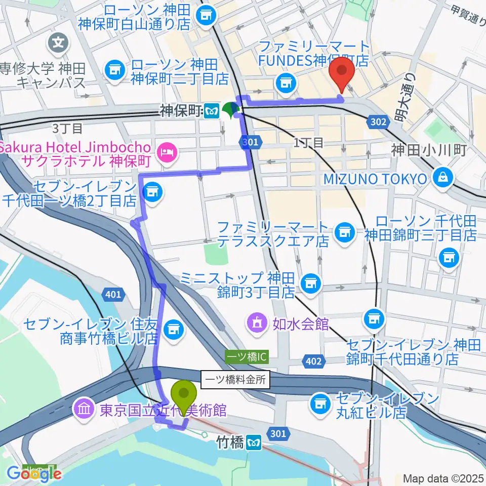 竹橋駅からRinky Dink Studio お茶の水 神保町店へのルートマップ地図