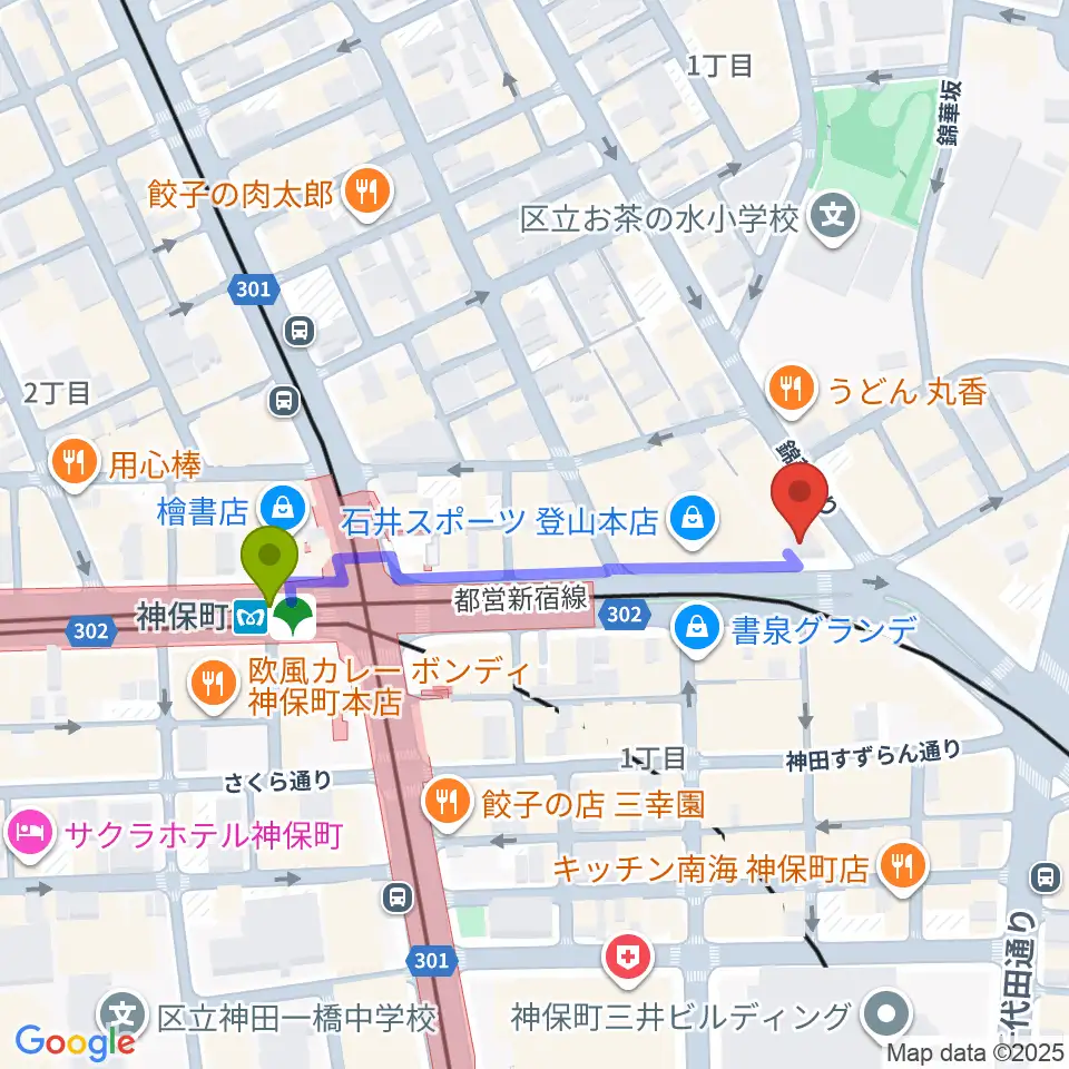 Rinky Dink Studio お茶の水 神保町店の最寄駅神保町駅からの徒歩ルート（約4分）地図
