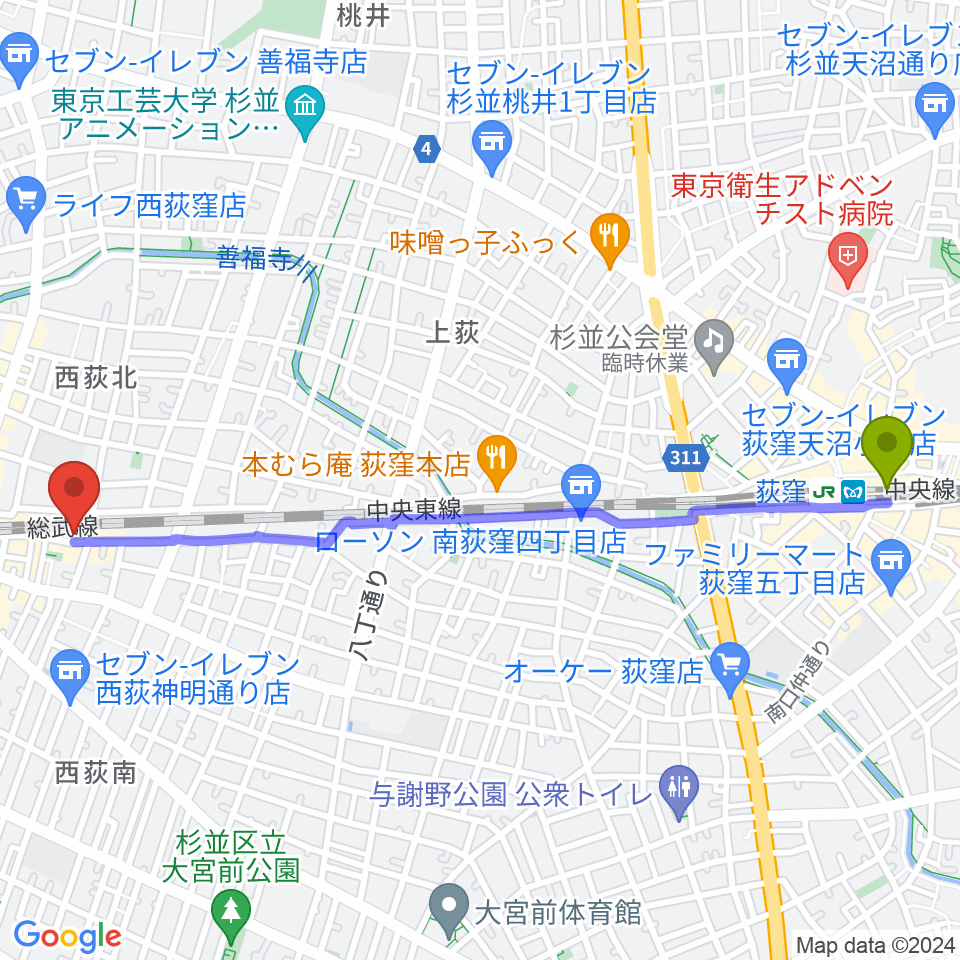 荻窪駅からRinky Dink Studio 西荻へのルートマップ地図