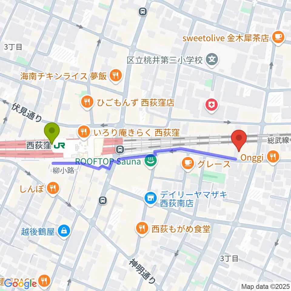 Rinky Dink Studio 西荻の最寄駅西荻窪駅からの徒歩ルート（約5分）地図