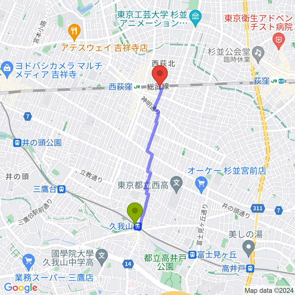 久我山駅からRinky Dink Studio 西荻へのルートマップ地図