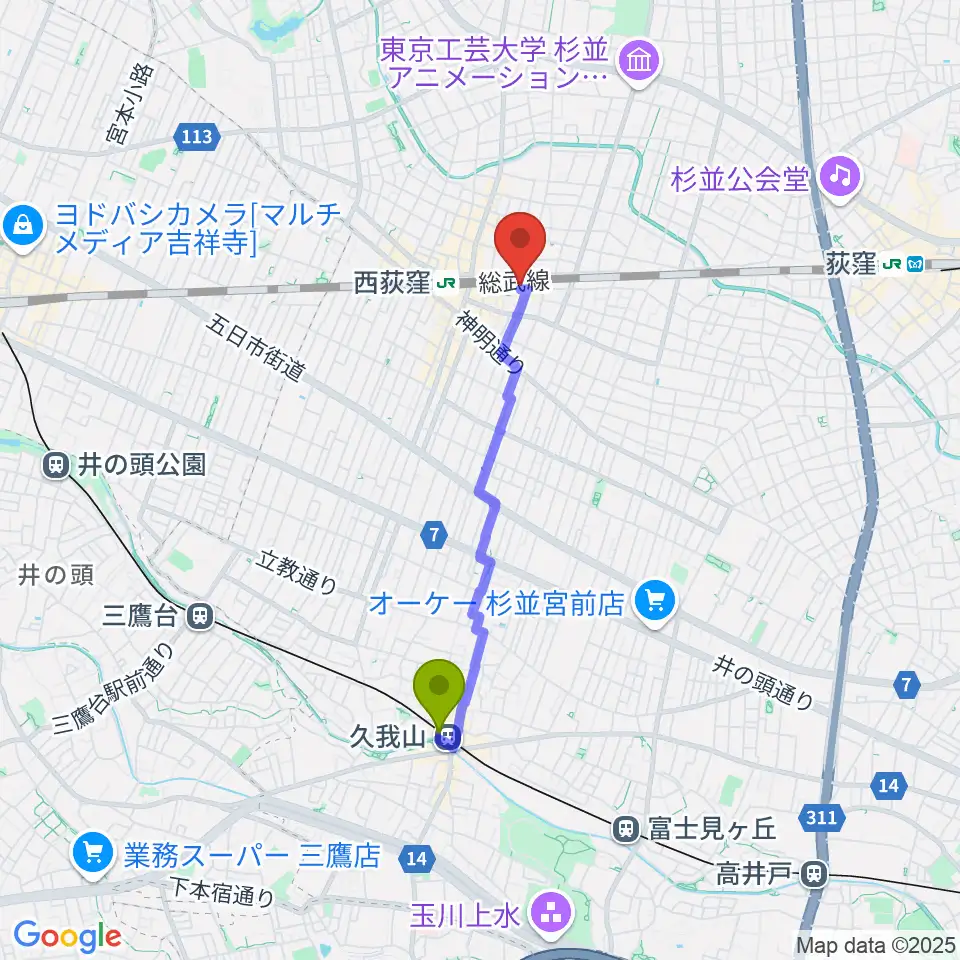 久我山駅からRinky Dink Studio 西荻へのルートマップ地図