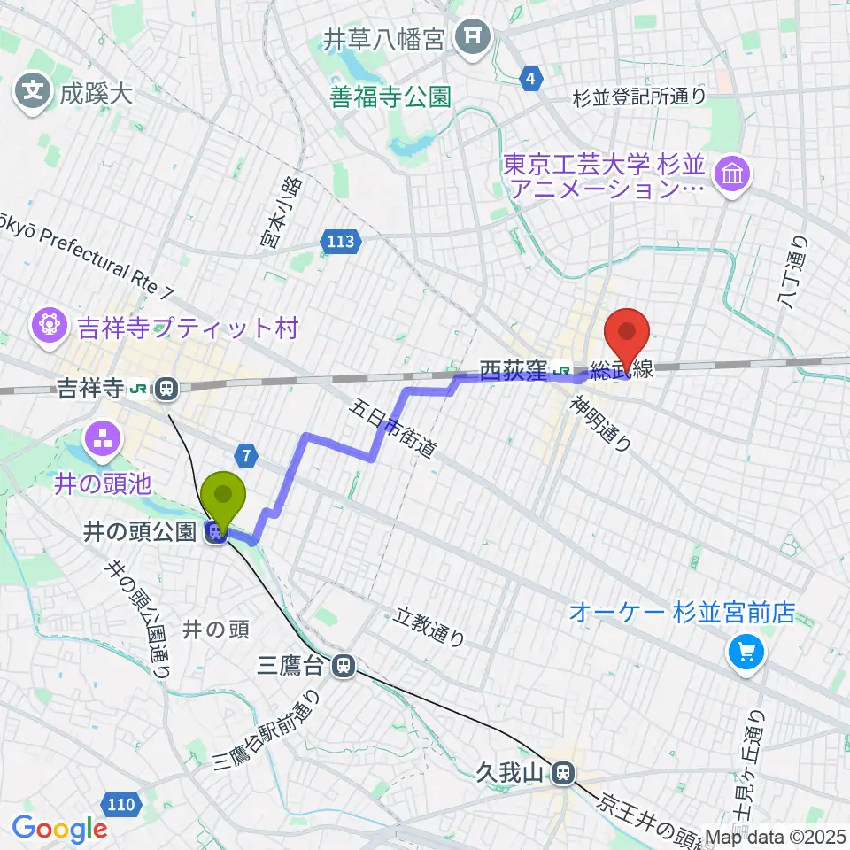 井の頭公園駅からRinky Dink Studio 西荻へのルートマップ地図