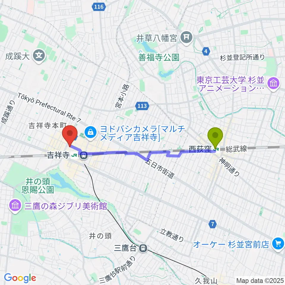 西荻窪駅から吉祥寺Studio ORESへのルートマップ地図