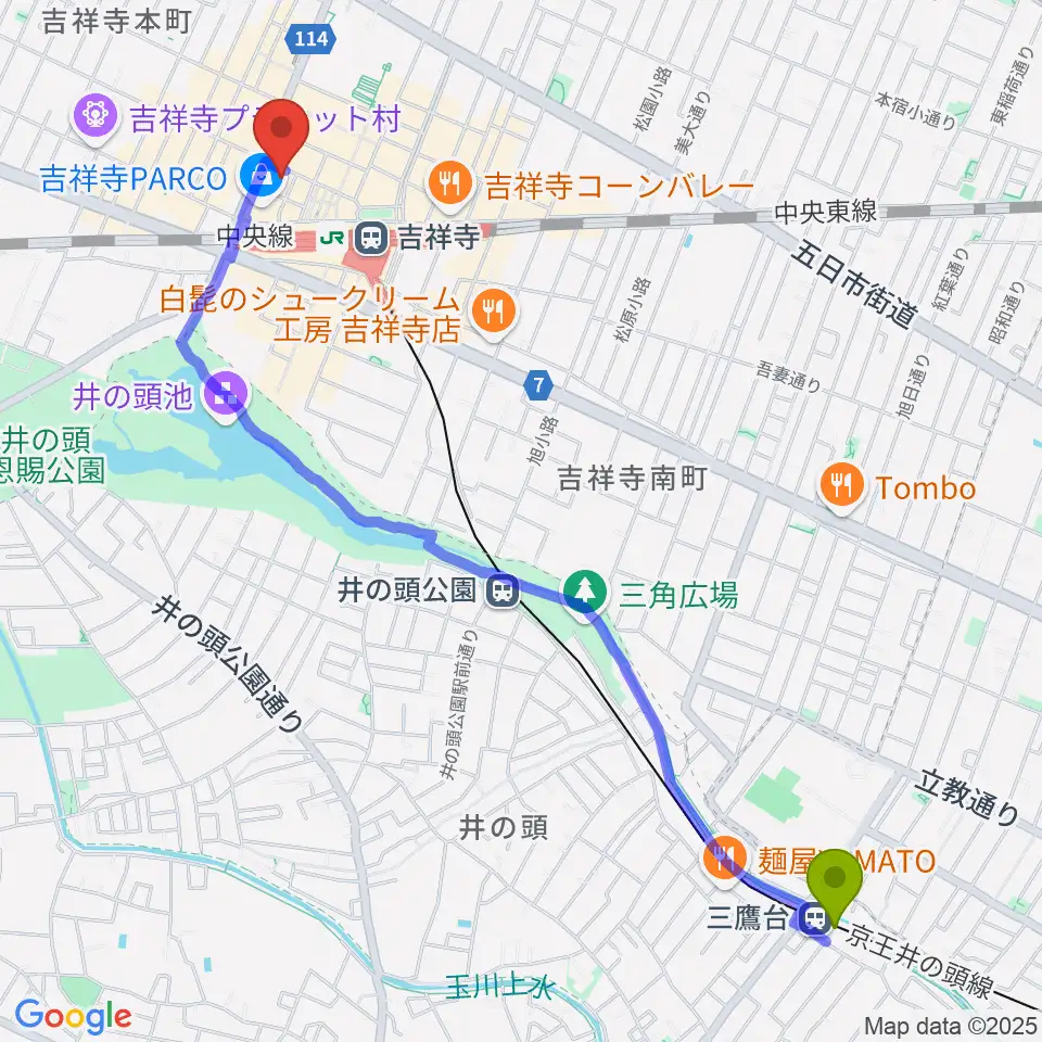 三鷹台駅から吉祥寺Studio ORESへのルートマップ地図