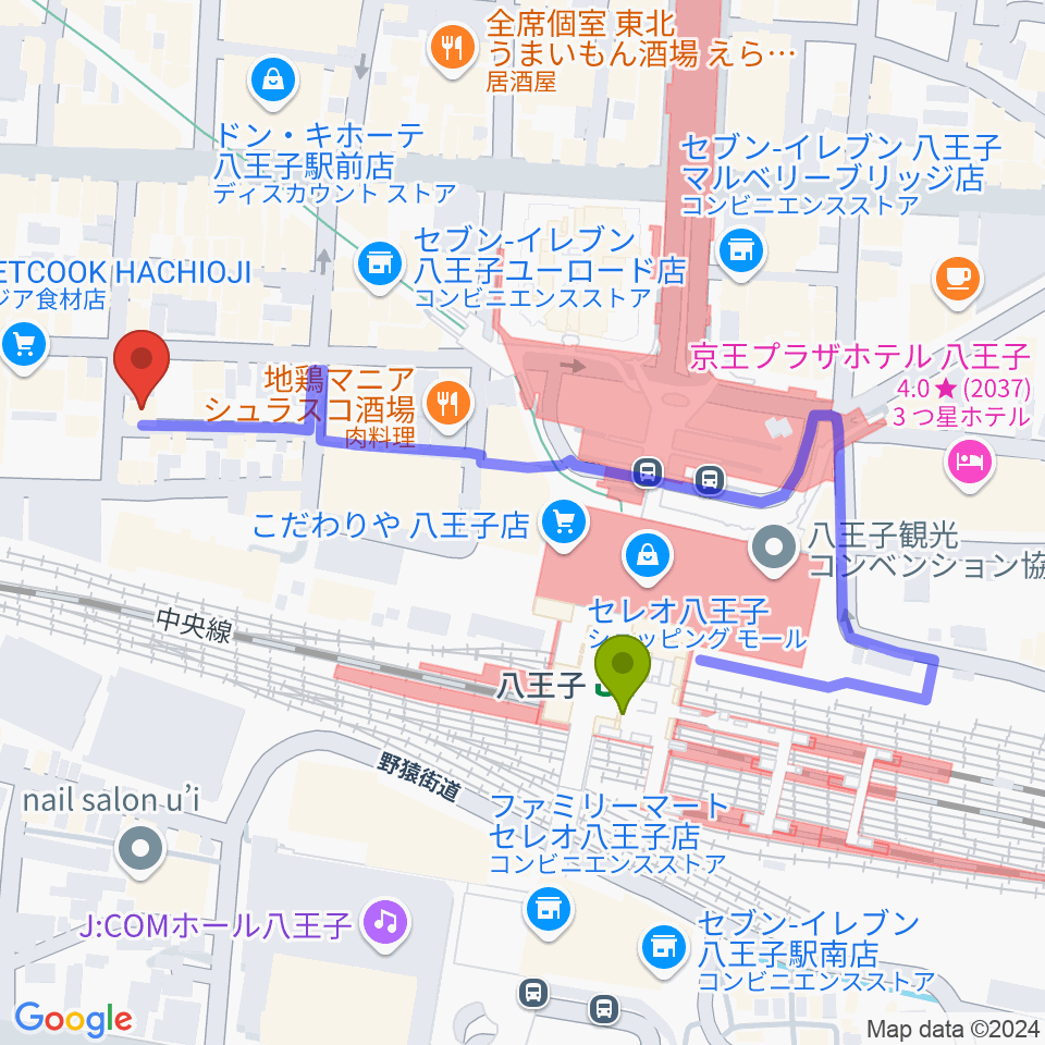 Rinky Dink Studio 八王子2ndの最寄駅八王子駅からの徒歩ルート（約4分）地図