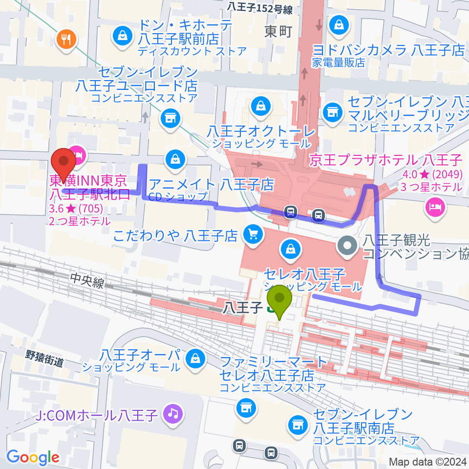 Rinky Dink Studio 八王子2ndの最寄駅八王子駅からの徒歩ルート（約4分）地図