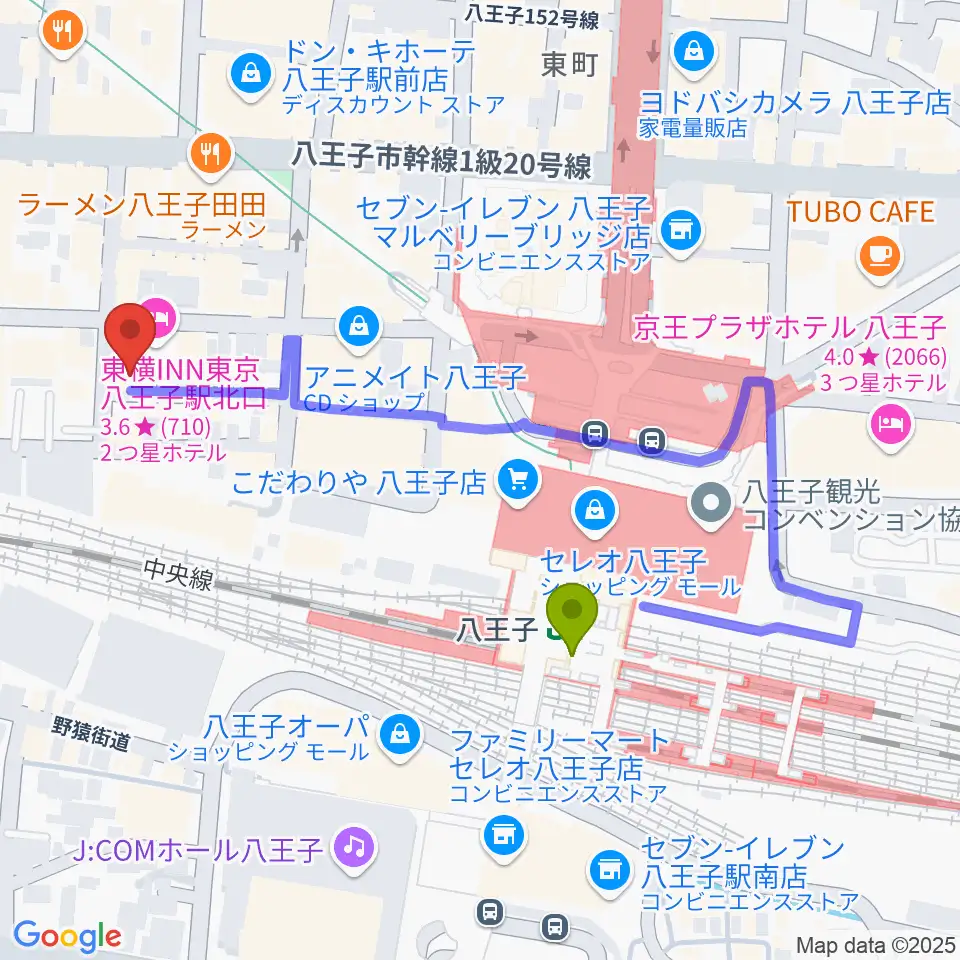 Rinky Dink Studio 八王子2ndの最寄駅八王子駅からの徒歩ルート（約4分）地図