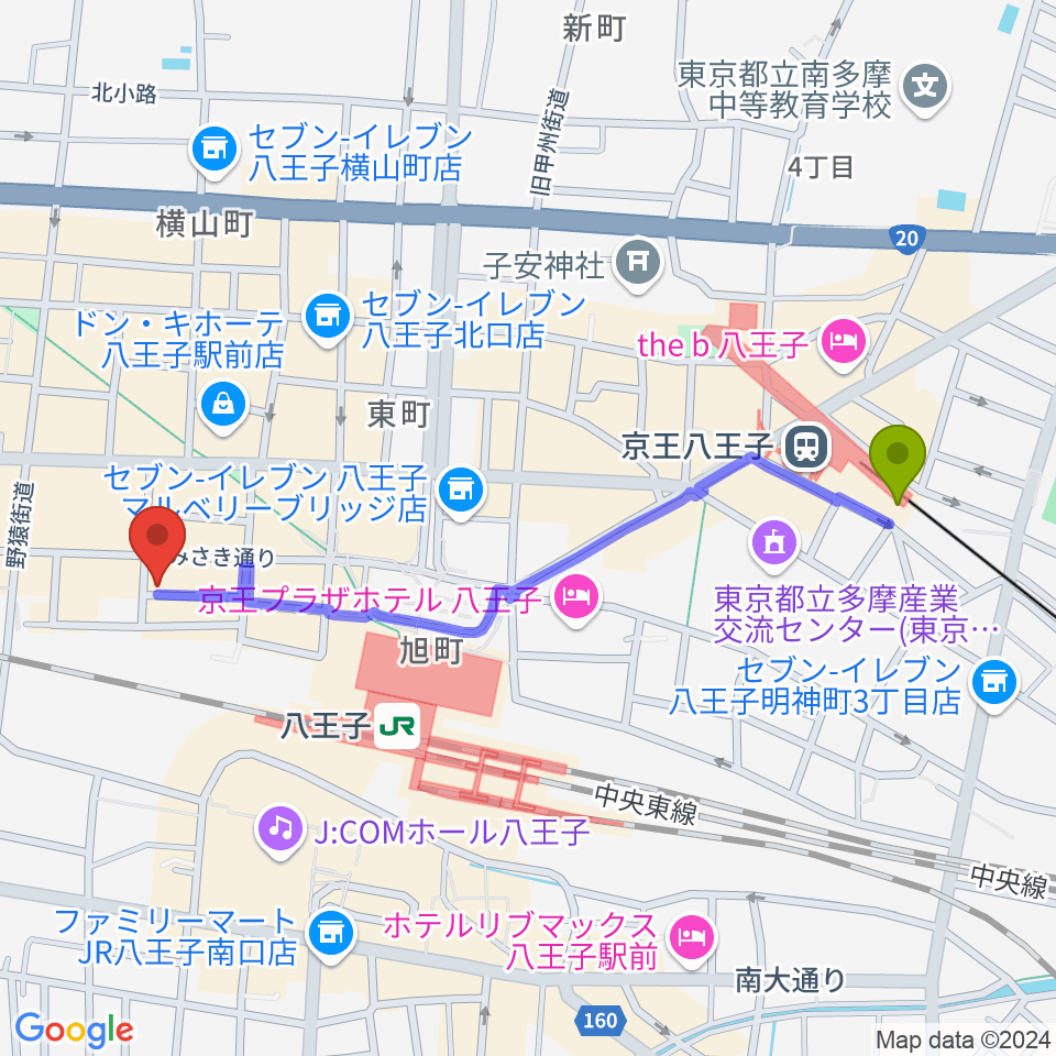 京王八王子駅からRinky Dink Studio 八王子2ndへのルートマップ地図