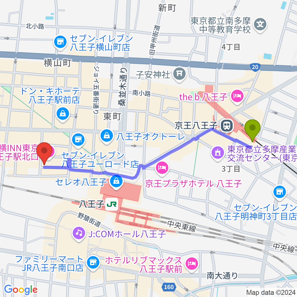 京王八王子駅からRinky Dink Studio 八王子2ndへのルートマップ地図