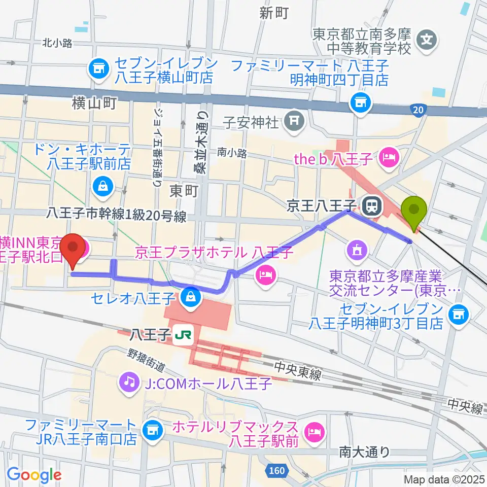 京王八王子駅からRinky Dink Studio 八王子2ndへのルートマップ地図