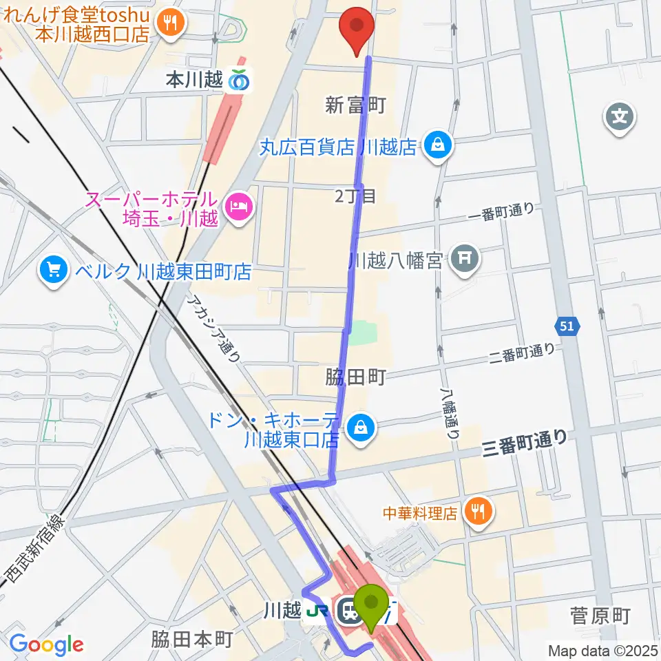 川越駅からリンキィディンク川越 i.m.oへのルートマップ地図