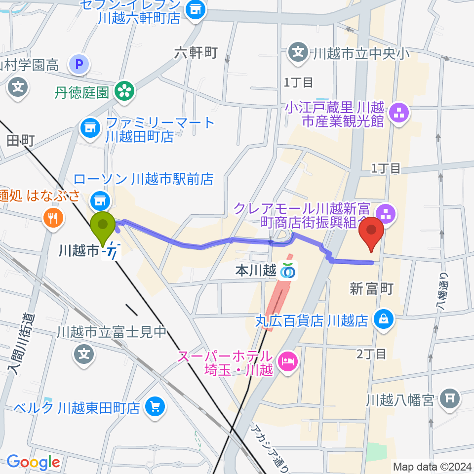 川越市駅からリンキィディンク川越i.M.Oへのルートマップ地図