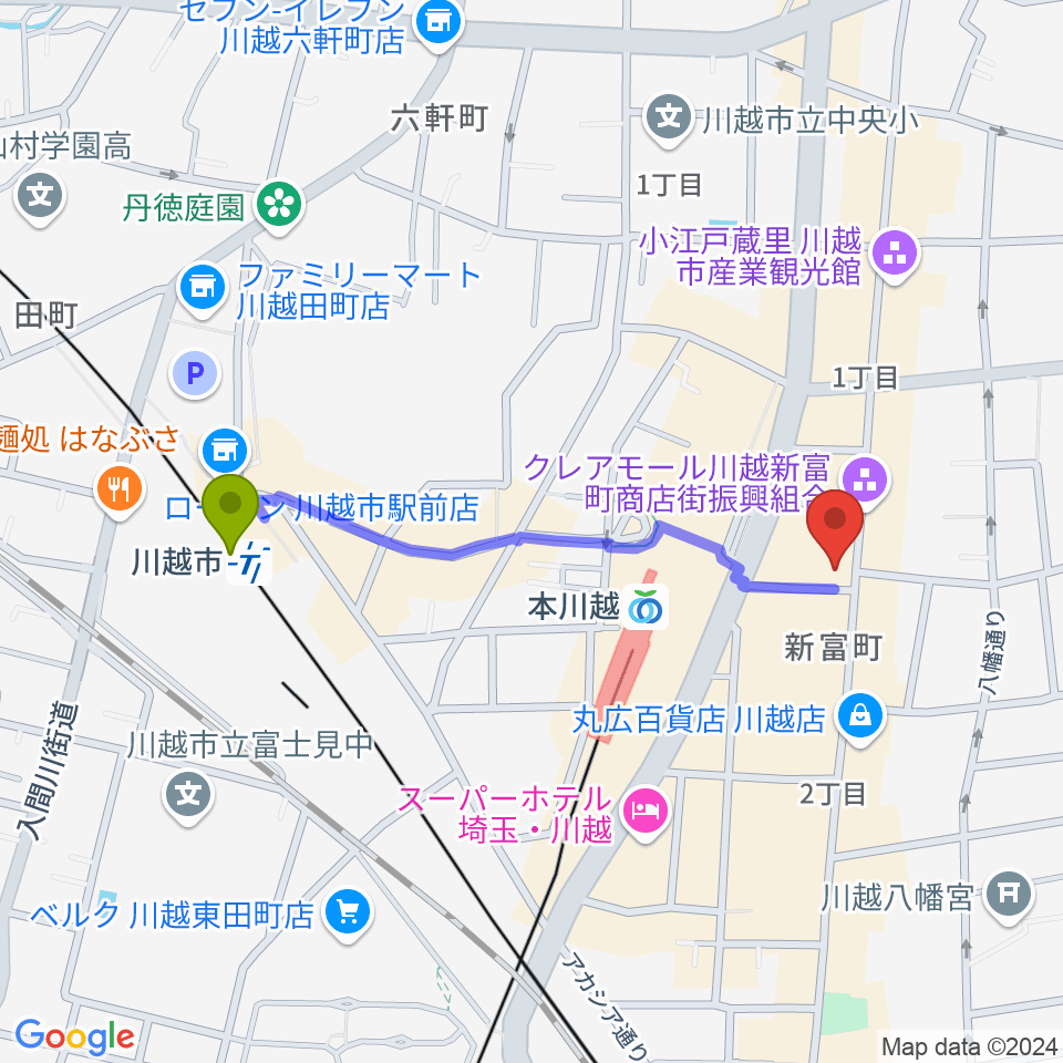 川越市駅からリンキィディンク川越 i.m.oへのルートマップ地図