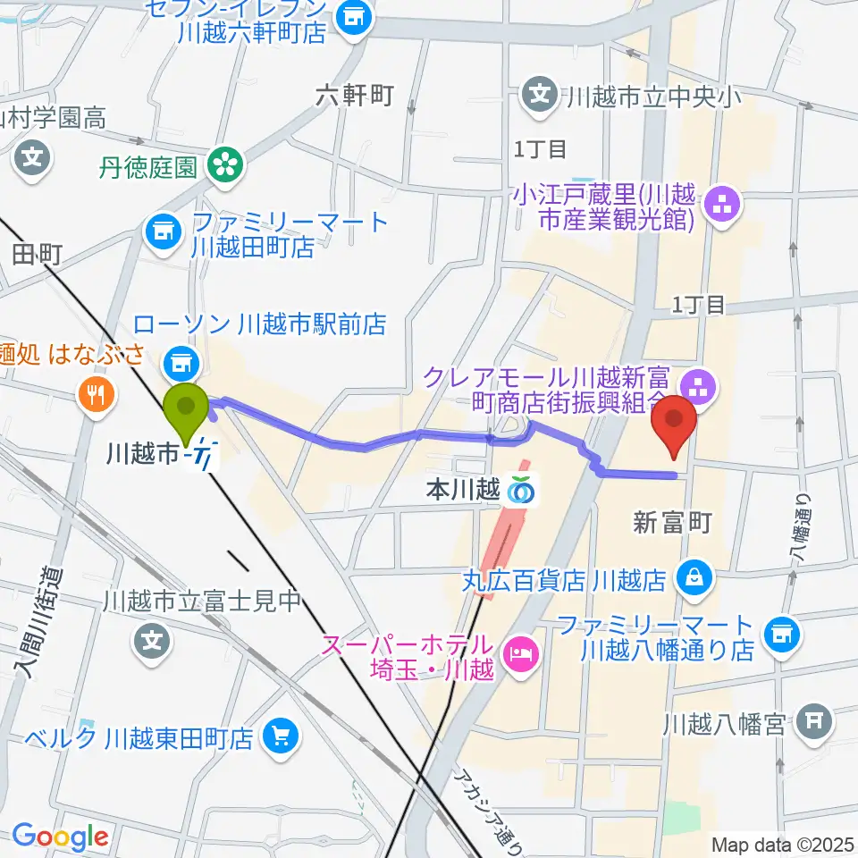 川越市駅からリンキィディンク川越 i.m.oへのルートマップ地図