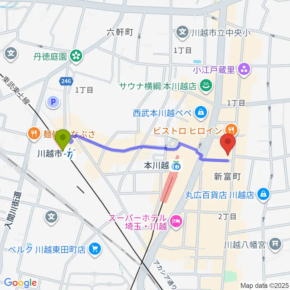川越市駅からリンキィディンク川越 i.m.oへのルートマップ地図