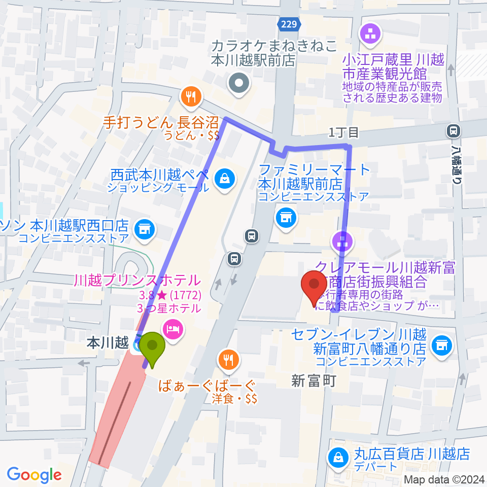 リンキィディンク川越i.M.Oの最寄駅本川越駅からの徒歩ルート（約3分）地図