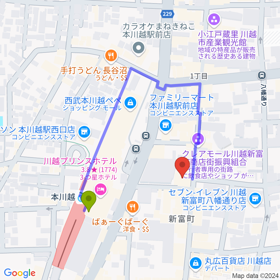 リンキィディンク川越 i.m.oの最寄駅本川越駅からの徒歩ルート（約3分）地図