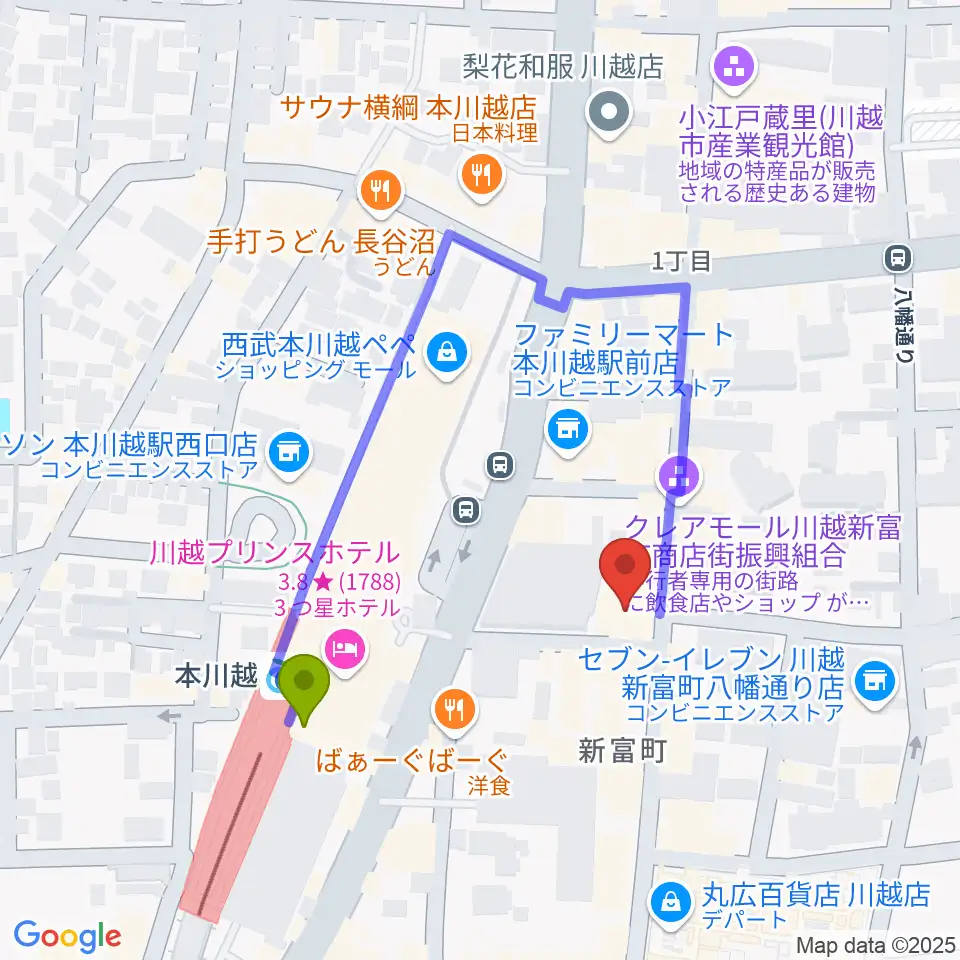 リンキィディンク川越 i.m.oの最寄駅本川越駅からの徒歩ルート（約3分）地図