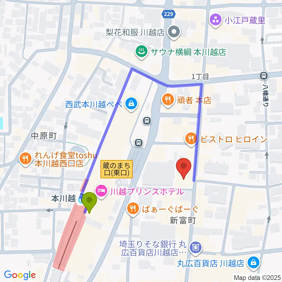 リンキィディンク川越 i.m.oの最寄駅本川越駅からの徒歩ルート（約3分）地図