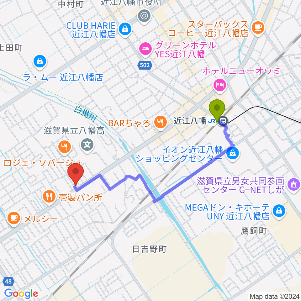 TMAミュージックスクール 八幡センター教室の最寄駅近江八幡駅からの徒歩ルート（約16分）地図