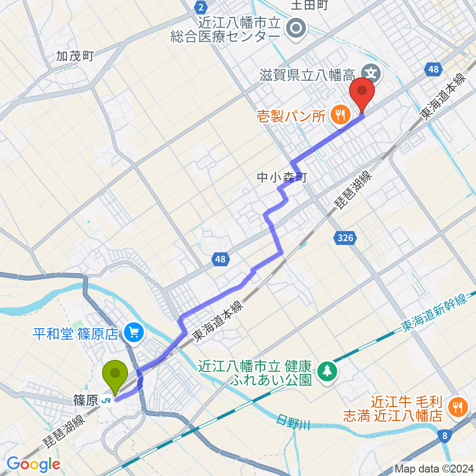 篠原駅からTMAミュージックスクール 八幡センター教室へのルートマップ地図