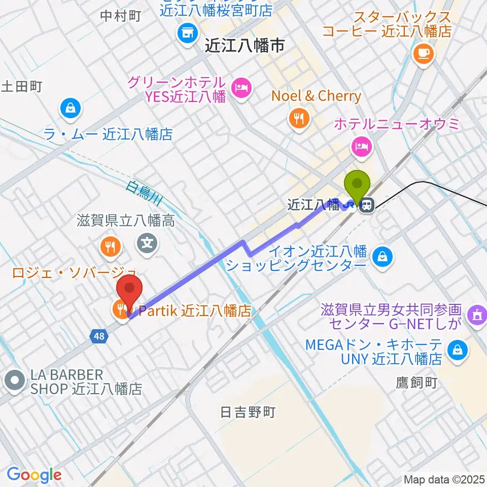 塚本楽器 近江八幡店の最寄駅近江八幡駅からの徒歩ルート（約16分）地図