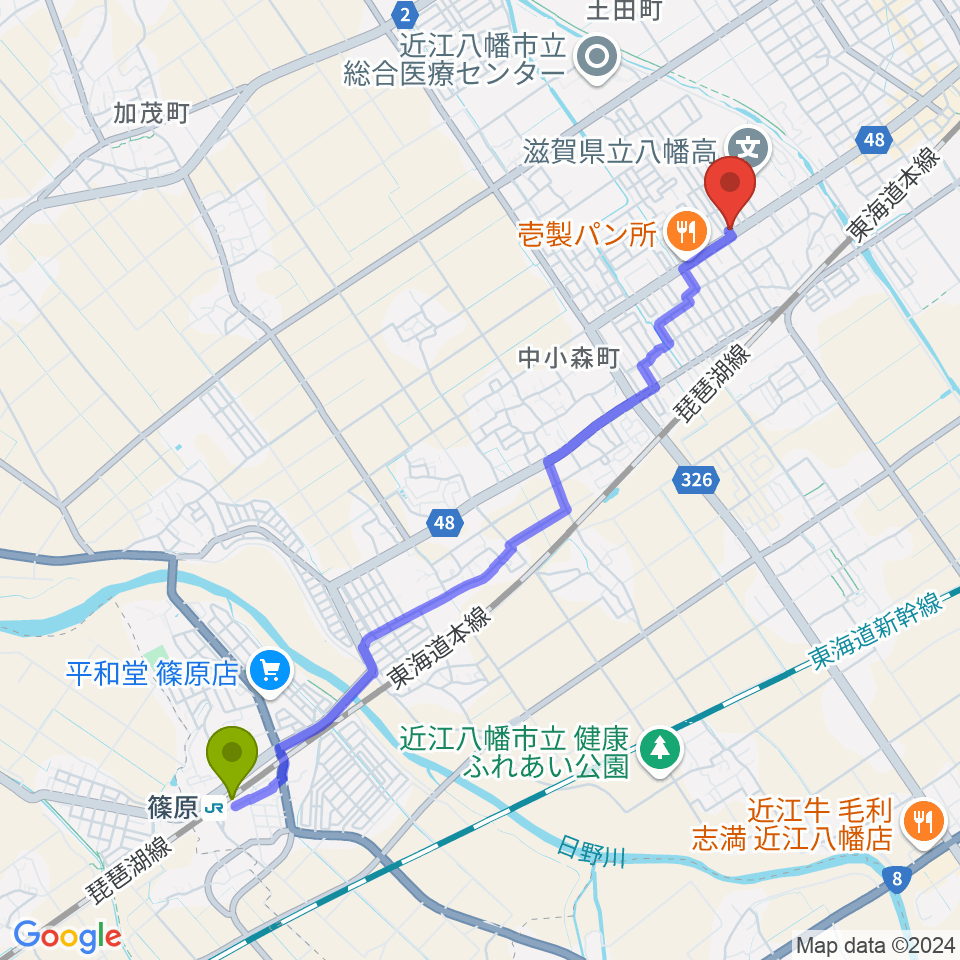 篠原駅から塚本楽器 近江八幡店へのルートマップ地図