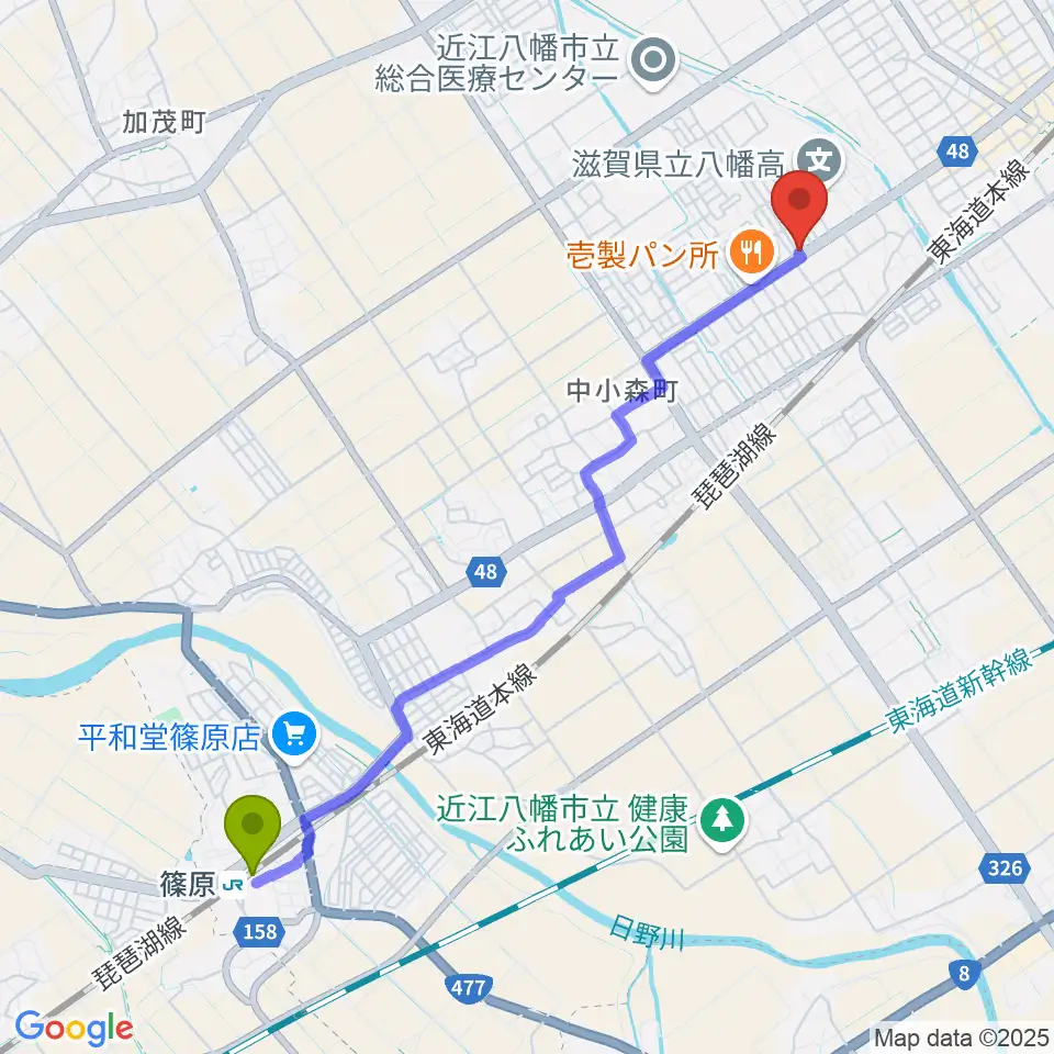 篠原駅から塚本楽器 近江八幡店へのルートマップ地図