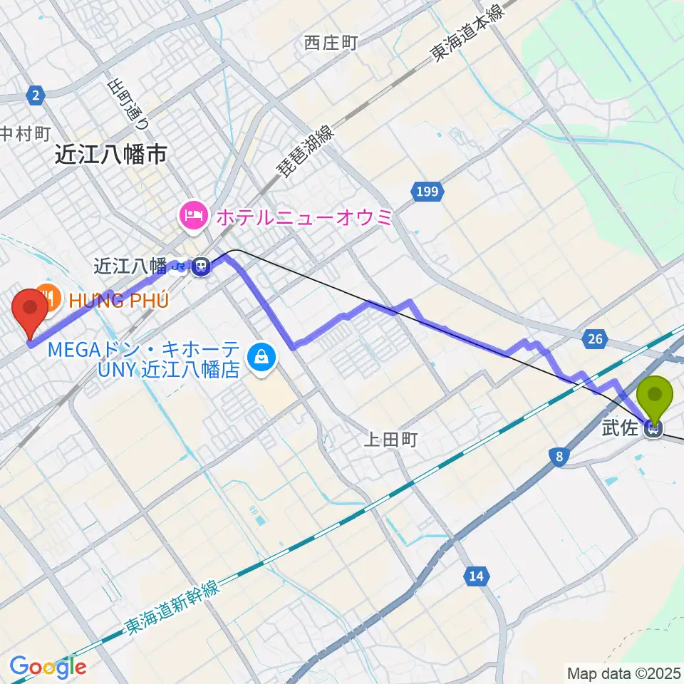 武佐駅から塚本楽器 近江八幡店へのルートマップ地図