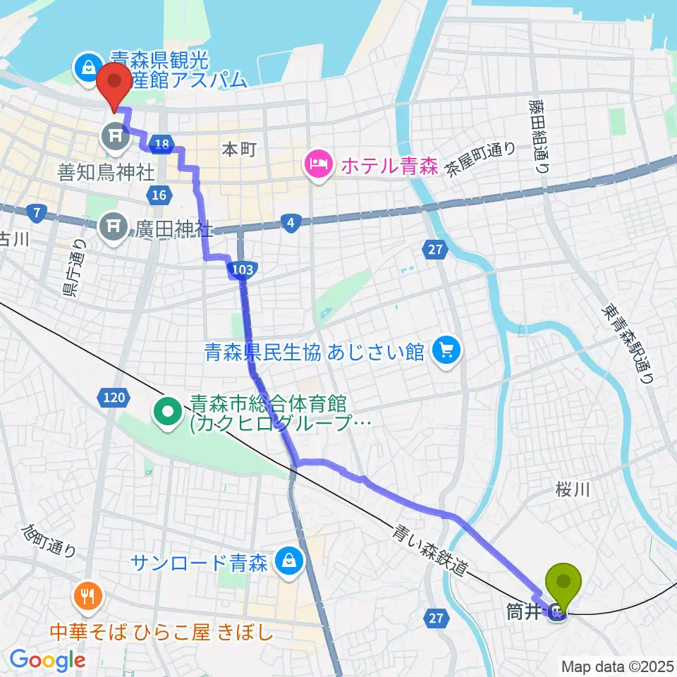 筒井駅から青森クォーターへのルートマップ地図