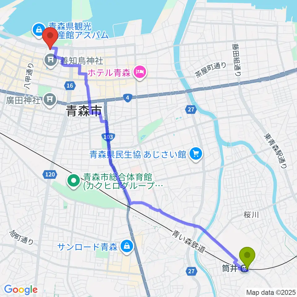 筒井駅から青森クォーターへのルートマップ地図