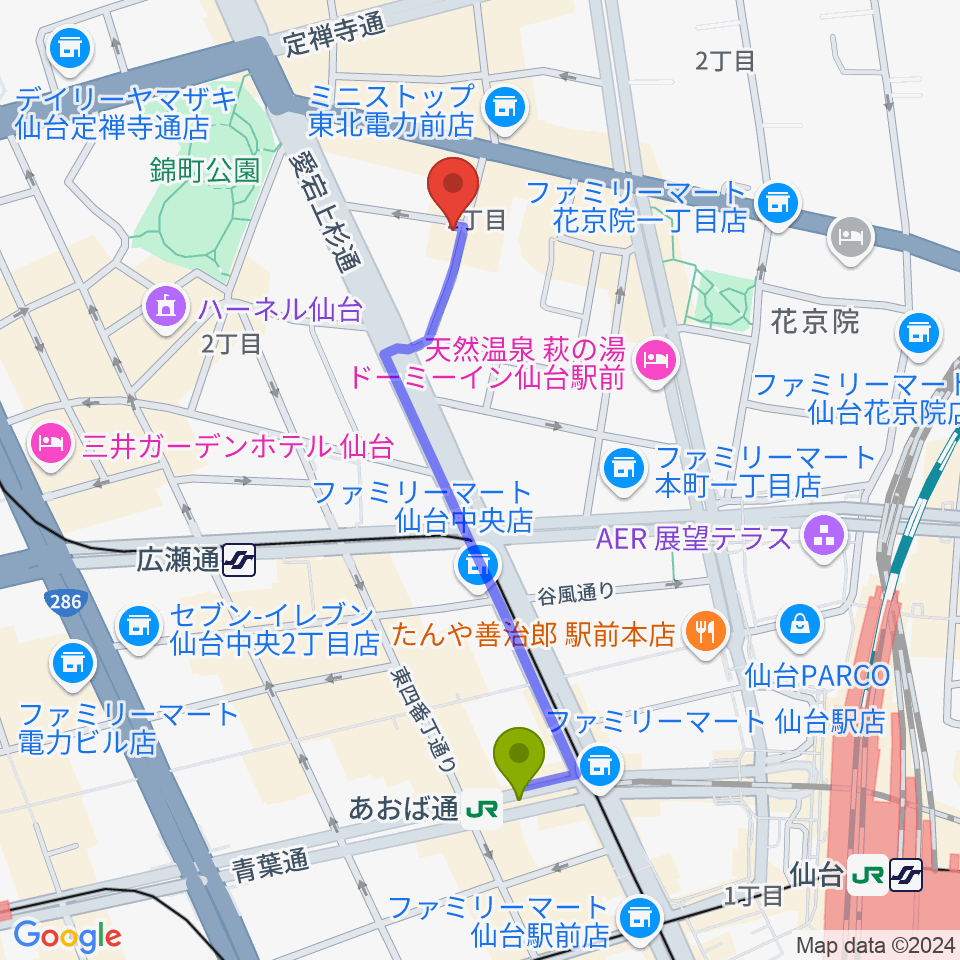 あおば通駅から仙台ネオブラザーズへのルートマップ地図