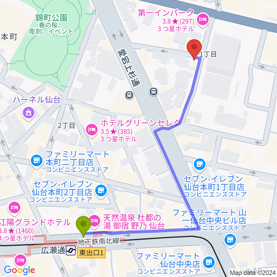 仙台ネオブラザーズの最寄駅広瀬通駅からの徒歩ルート（約6分）地図