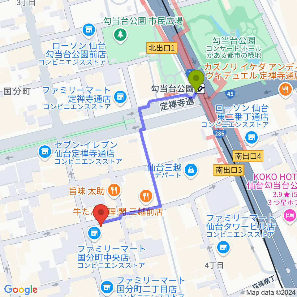 仙台ケントスの最寄駅勾当台公園駅からの徒歩ルート（約4分）地図