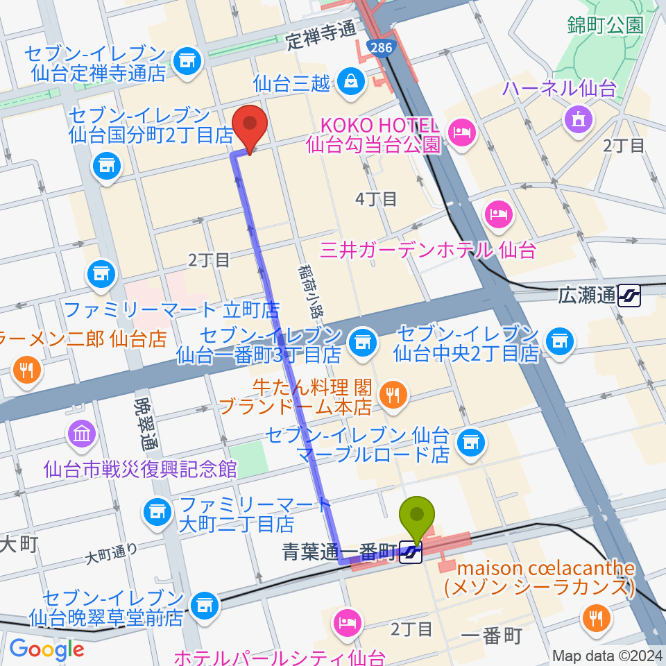 青葉通一番町駅から仙台ケントスへのルートマップ地図