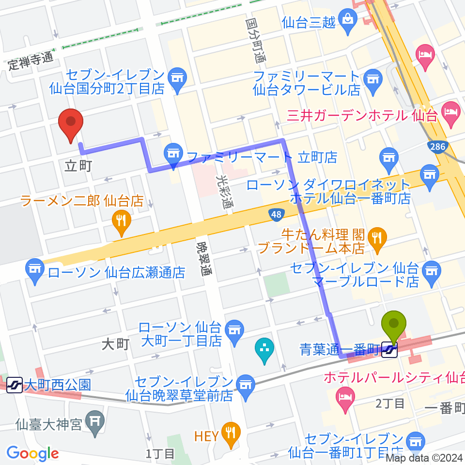 青葉通一番町駅からサテンドール2000へのルートマップ地図