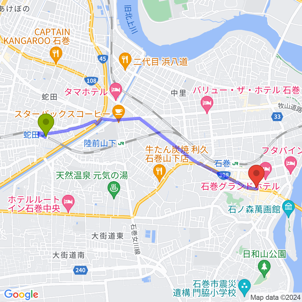 蛇田駅からラ・ストラーダへのルートマップ地図