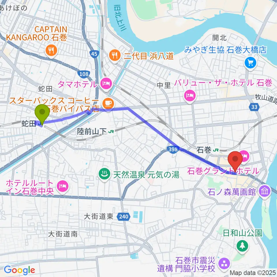 蛇田駅からラ・ストラーダへのルートマップ地図