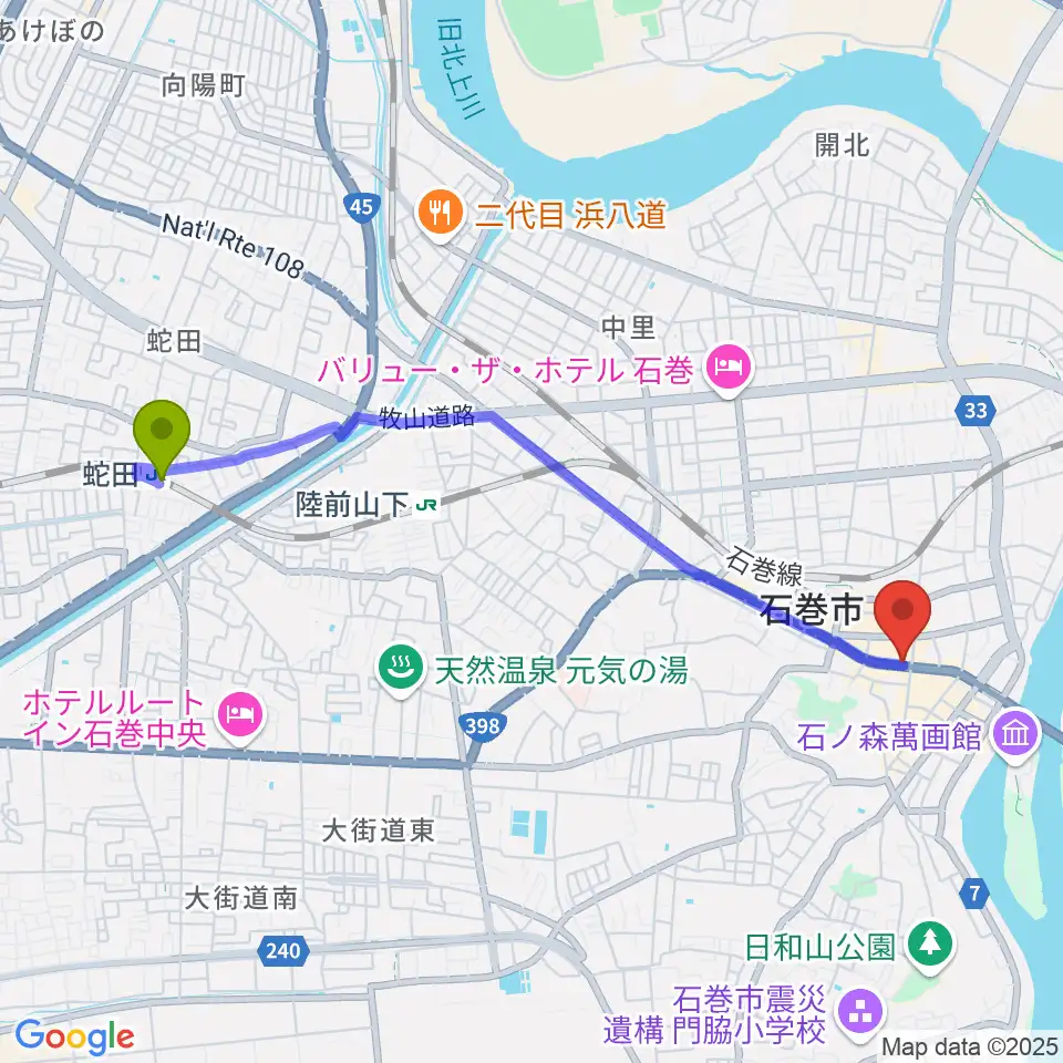 蛇田駅からラ・ストラーダへのルートマップ地図