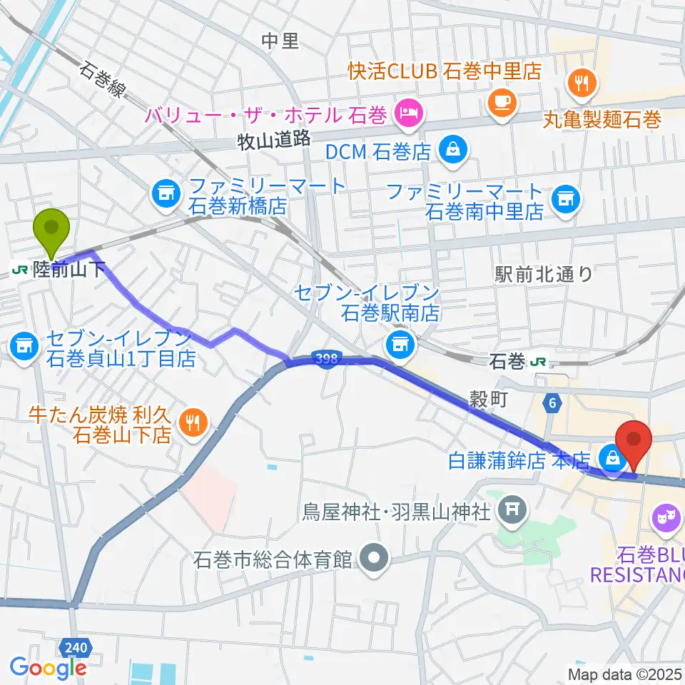 陸前山下駅からラ・ストラーダへのルートマップ地図