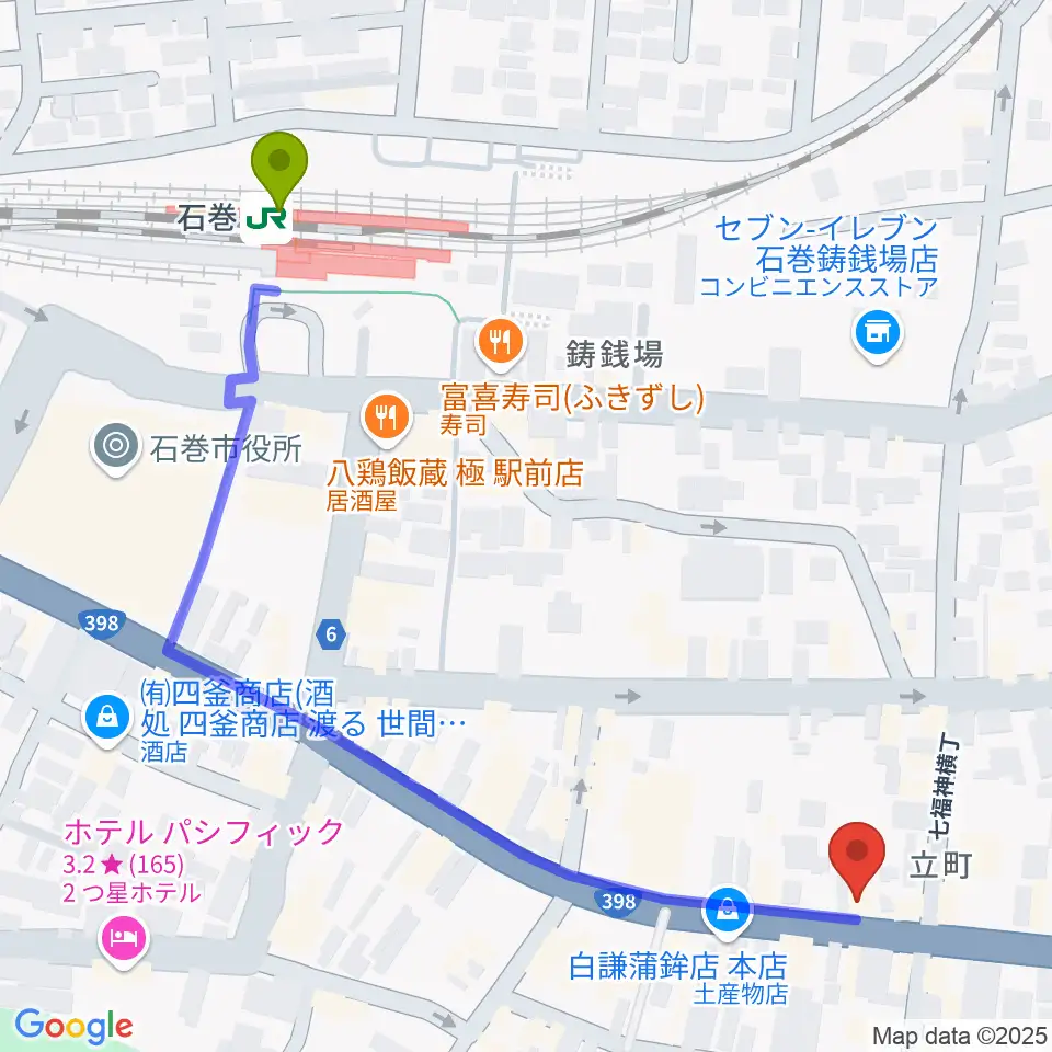 ラ・ストラーダの最寄駅石巻駅からの徒歩ルート（約6分）地図