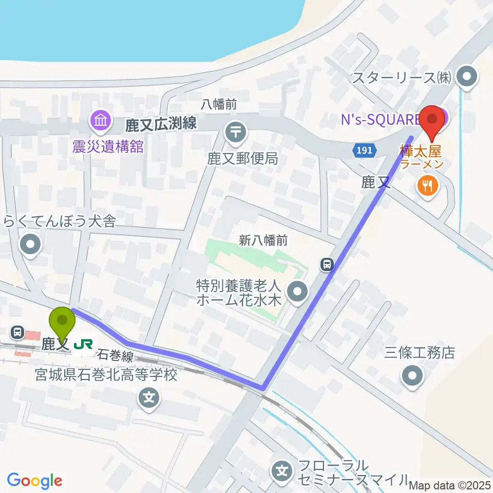 N's SQUAREの最寄駅鹿又駅からの徒歩ルート（約6分）地図