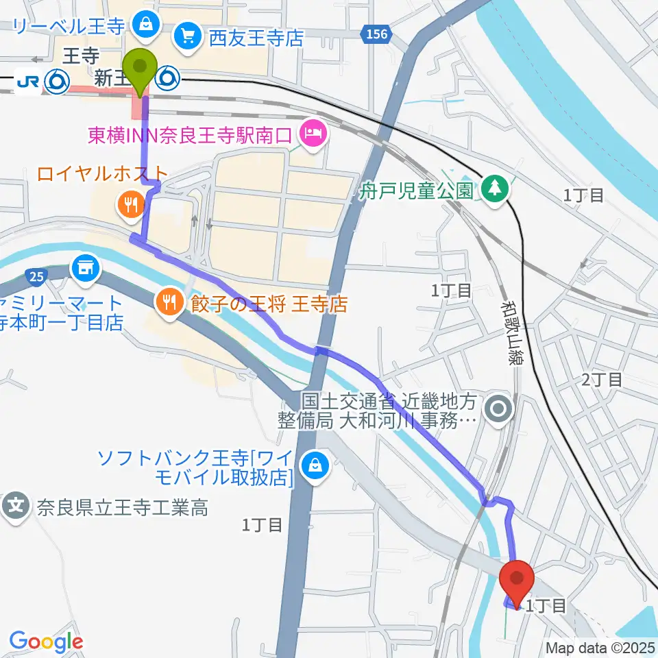 ミュージックスタジオ シグナスの最寄駅王寺駅からの徒歩ルート（約15分）地図