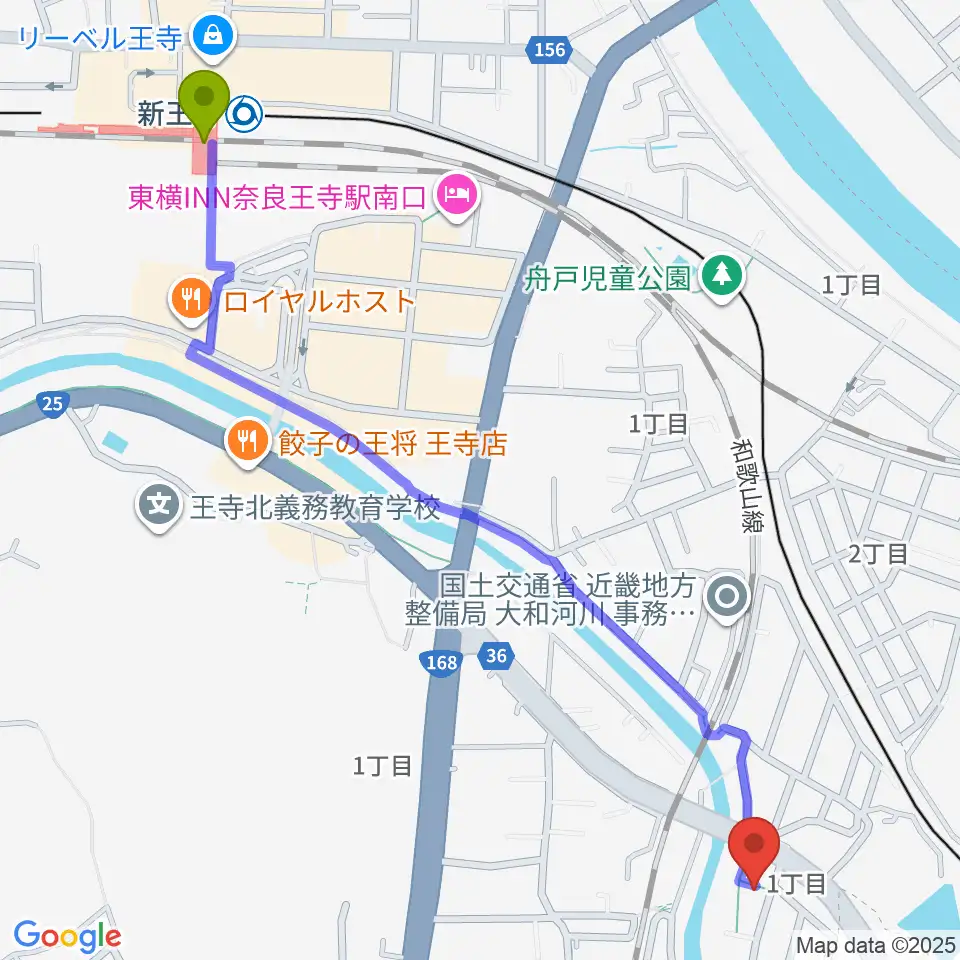 ミュージックスタジオ シグナスの最寄駅王寺駅からの徒歩ルート（約15分）地図