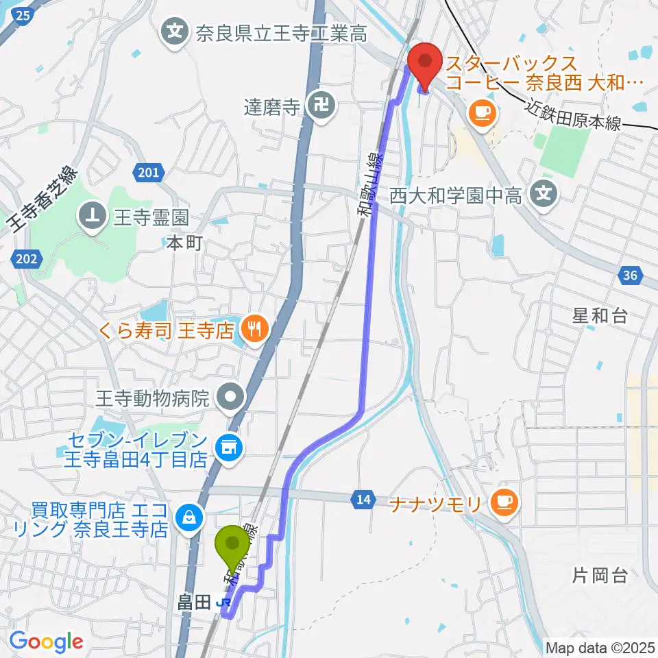 畠田駅からミュージックスタジオ シグナスへのルートマップ地図