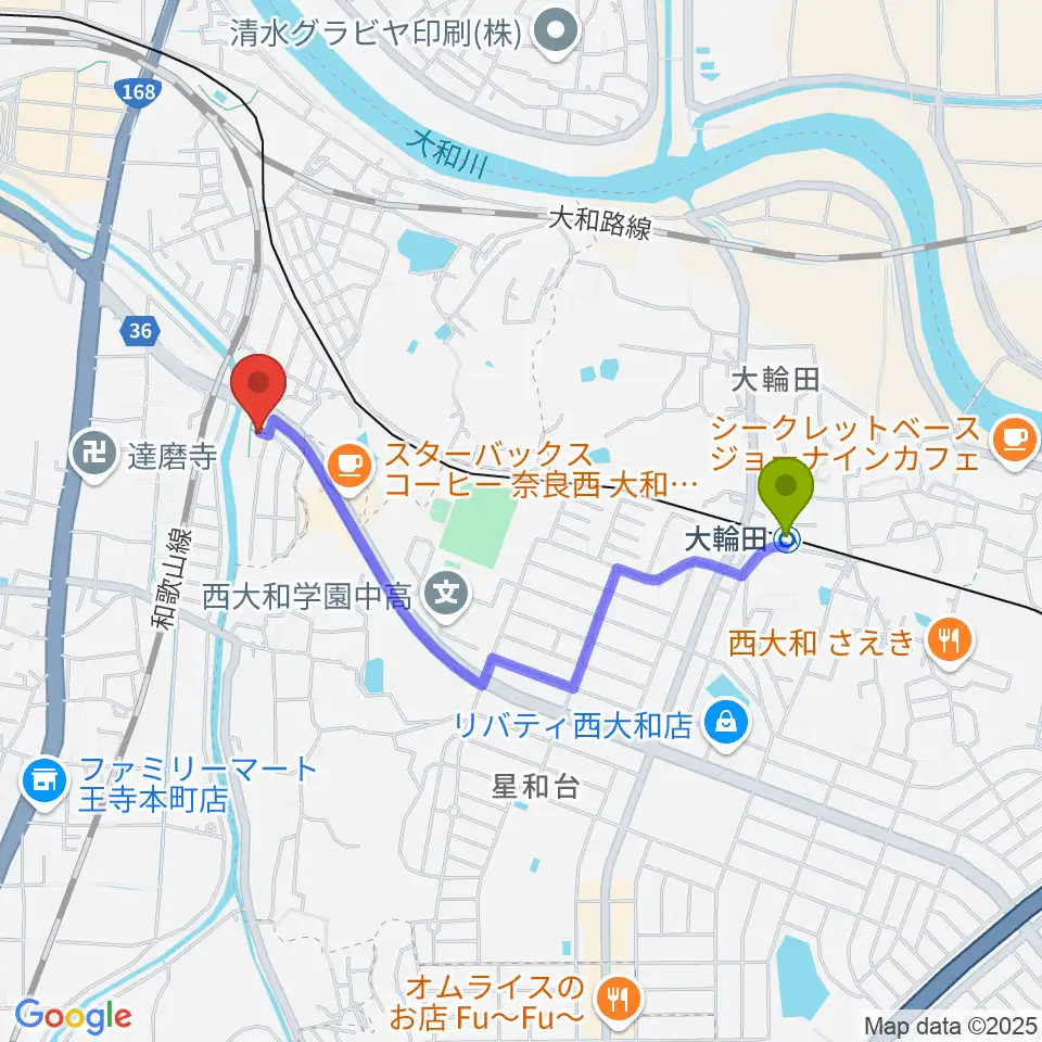 大輪田駅からミュージックスタジオ シグナスへのルートマップ地図